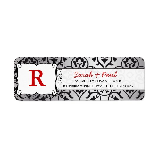 Black Heart Damask Red Font Return Address Label
