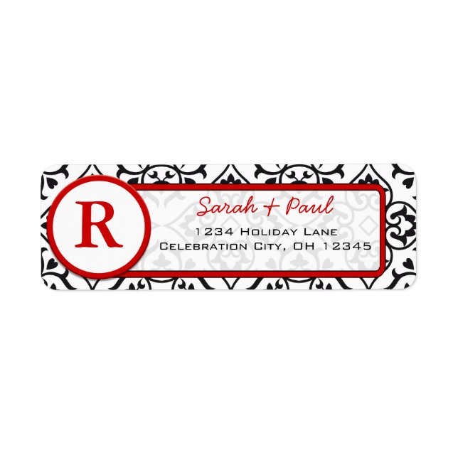 Black Heart Damask Red Font Return Address Label (Front)