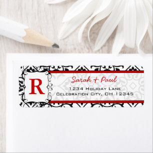 Black Heart Damask Red Font Return Address Label