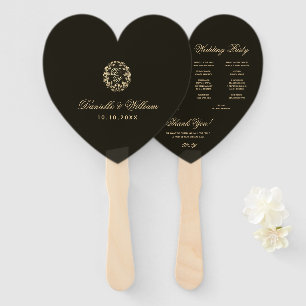 Black Heart Gold Wreath Monogram Wedding Program Hand Fan