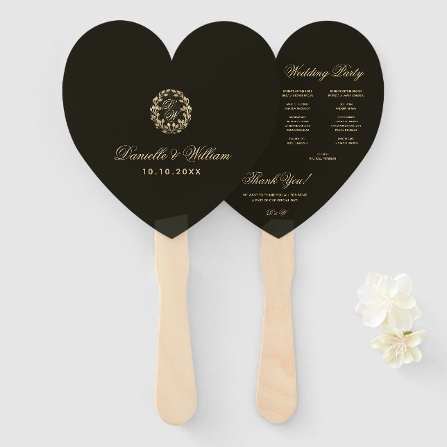 Black Heart Gold Wreath Monogram Wedding Program Hand Fan (Front and Back)