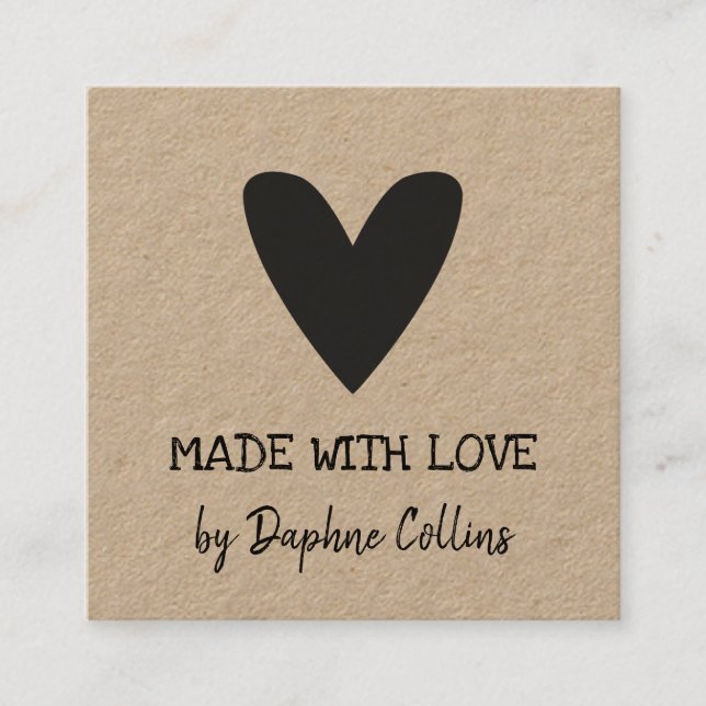 Black Heart Kraft Paper Made With Love Square Business Card (Front)