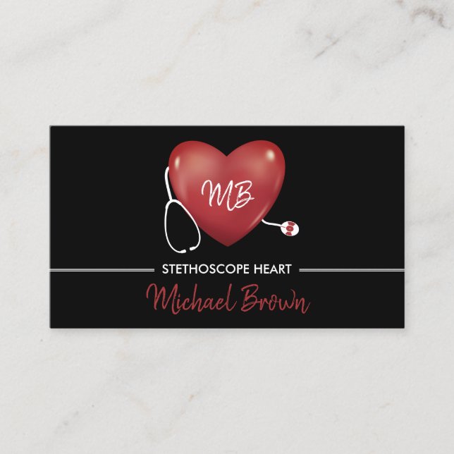 Black Heart Nurse Doctor Logo Stethoscope Business Card (Front)