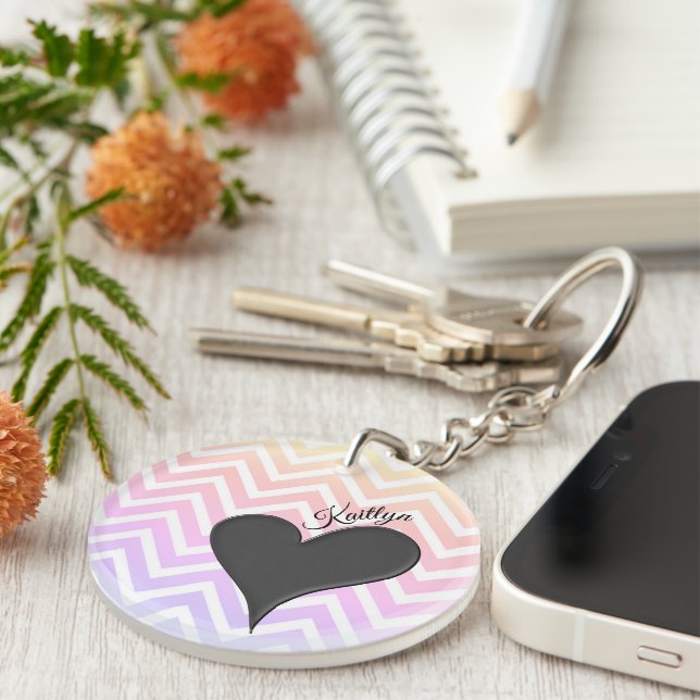 Black Heart on Ombre Chevron Stripe with Name Key Ring (Front Right)