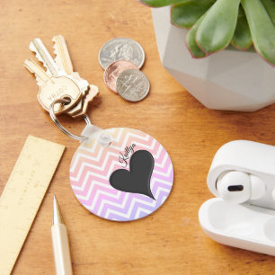 Black Heart on Ombre Chevron Stripe with Name Key Ring