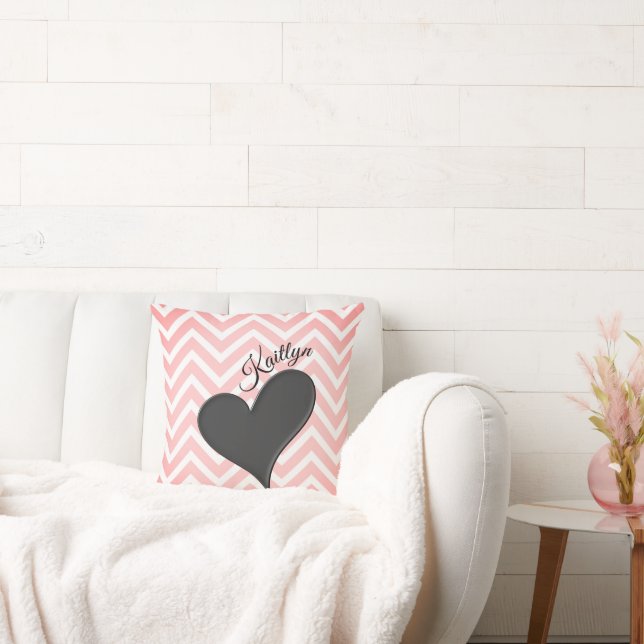 Black Heart on Pink Chevron Stripe Throw Pillow (Couch)