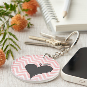 Black Heart on Pink Chevron Stripe with Name Key Ring