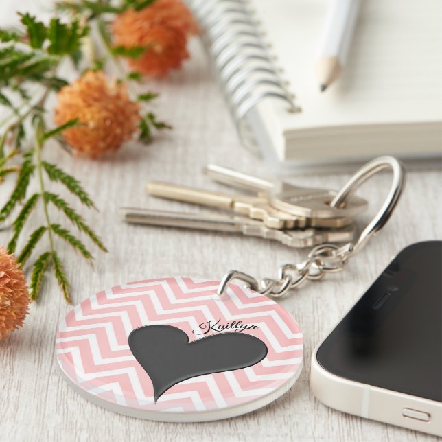 Black Heart on Pink Chevron Stripe with Name Key Ring (Front Right)