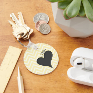 Black Heart on Yellow Chevron Stripe with Name Key Ring