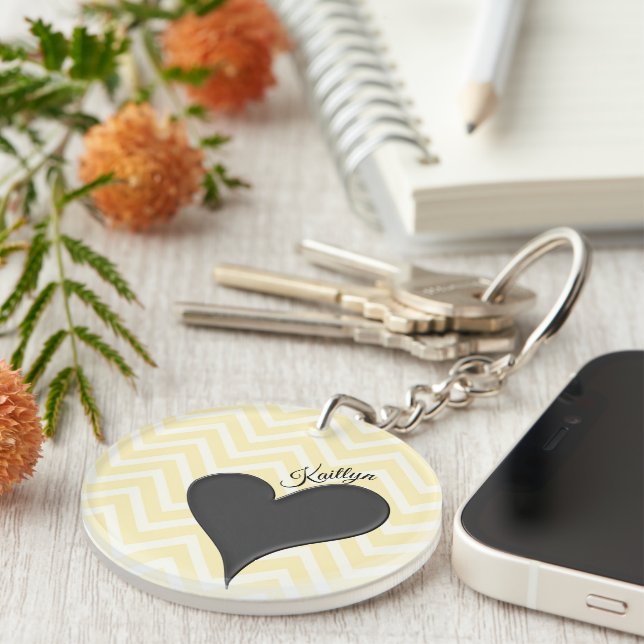 Black Heart on Yellow Chevron Stripe with Name Key Ring (Front Right)
