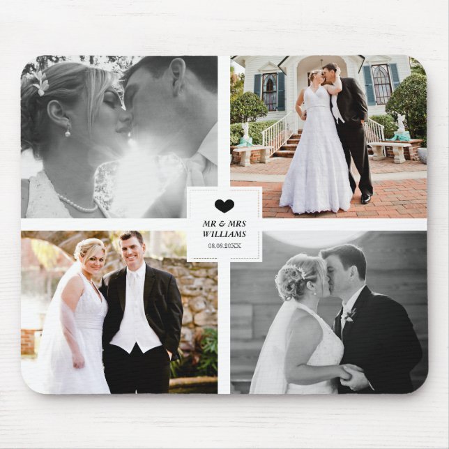 Black Heart Wedding Photo Collage Mouse Mat (Front)