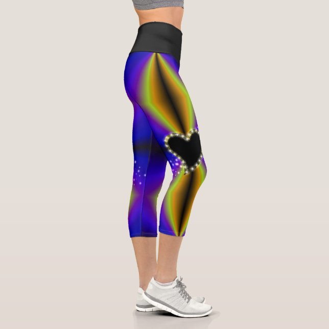 Black Heart with Stars on purple yellow Rainbow Capri Leggings (Right)