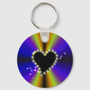 Black Heart with Stars on purple yellow Rainbow Key Ring