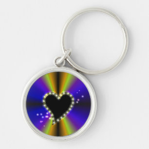 Black Heart with Stars on purple yellow Rainbow Key Ring