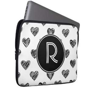 Black Hearts Doodles Monogram Laptop Sleeve