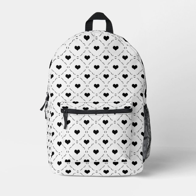 Black Hearts Geometric Grid Minimalist Coquette Printed Backpack (Front)