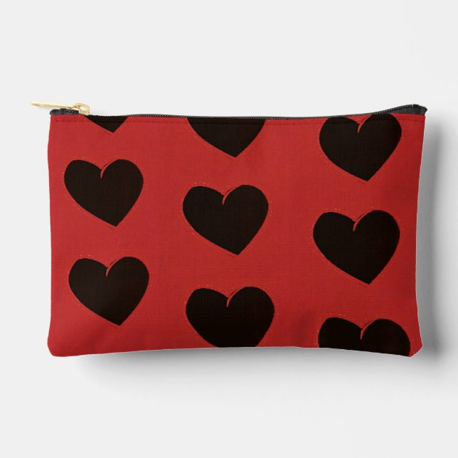 Black hearts on red accessory pouch (Front)