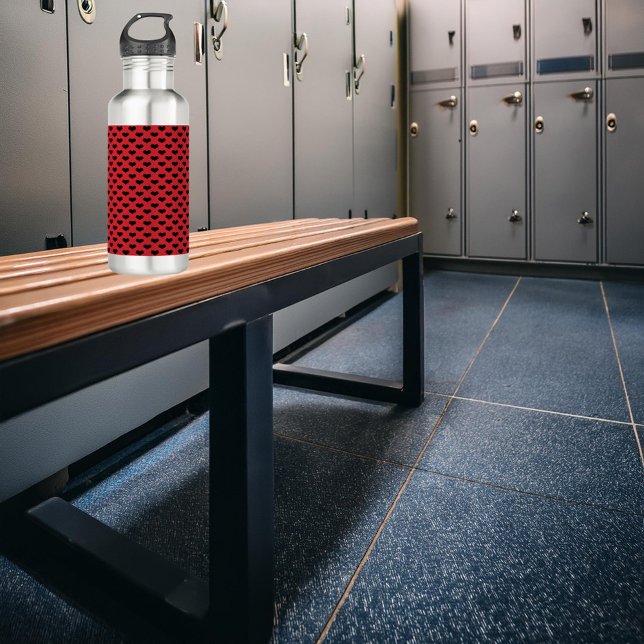 Black Hearts Pattern Red Background 710 Ml Water Bottle (A water bottle with a pattern of black hearts on a red background.)