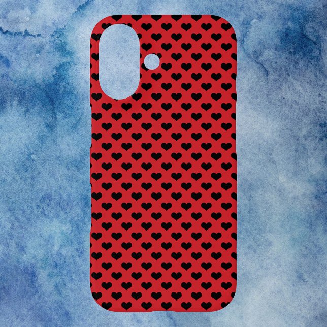 Black Hearts Pattern Red Background Case-Mate iPhone Case (A phone case with a pattern of black hearts on a red background)