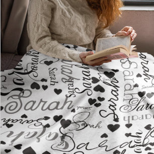 Black Hearts Personalised Name Replicated allover  Fleece Blanket