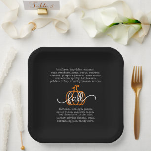 Black Hello Fall Definition Words Pumpkin Autumn Paper Plate