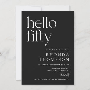 Black Hello Fifty Classic Simple 50th Birthday Invitation