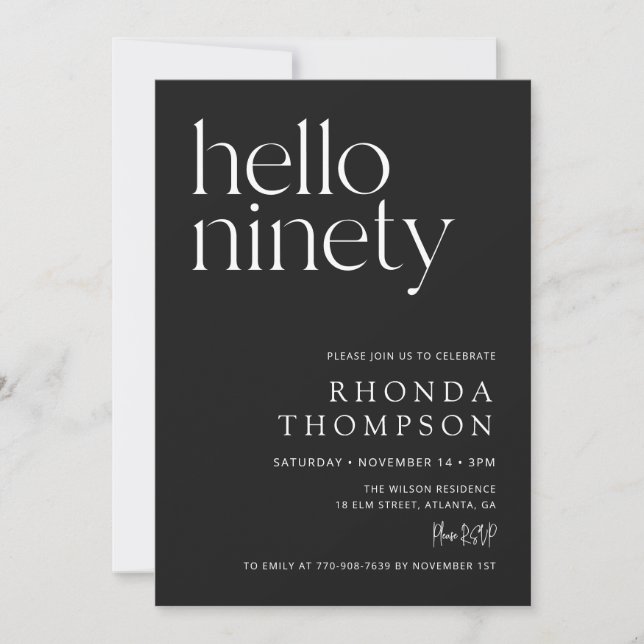 Black Hello Ninety Classic Simple 90th Birthday Invitation (Front)