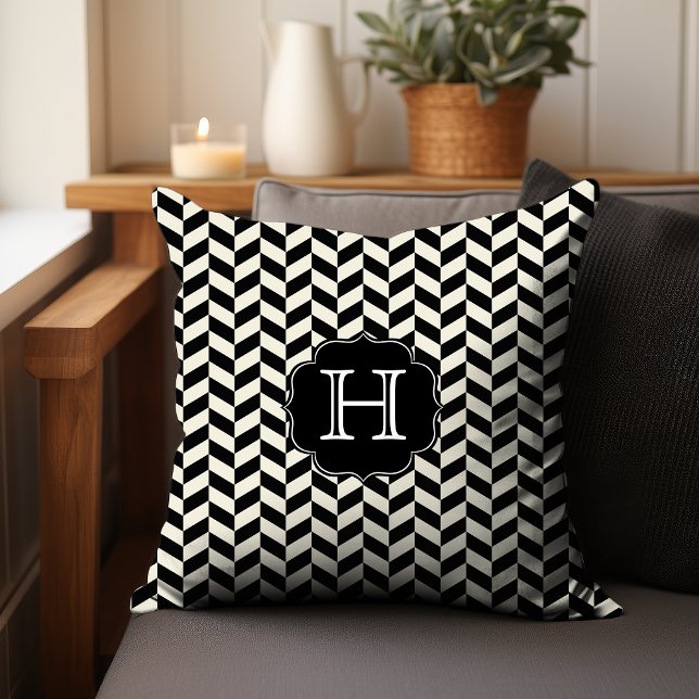 Black Herringbone Chevron Pattern with Monogram Cushion (Personalize with your initial.)