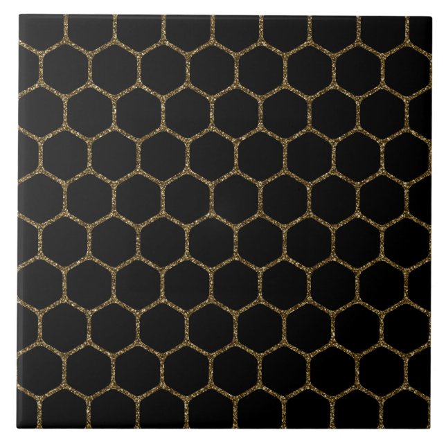 Black Hexagon Pattern in Gold Glitter Frame Tile (Front)