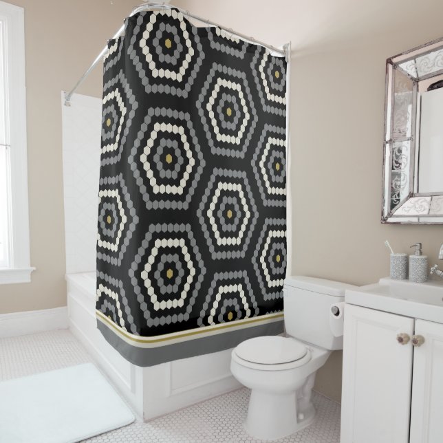 Black Hexagon Penny Hex Tile Pattern Shower Curtain (In Situ)
