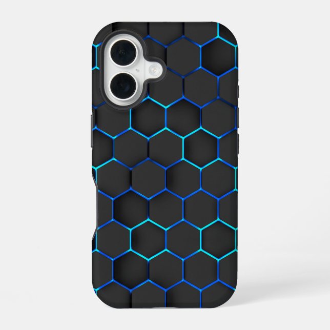Black hexagons on blue light iPhone 16 case (Back)