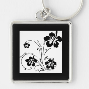 Black hibiscus floral swirl designs key ring
