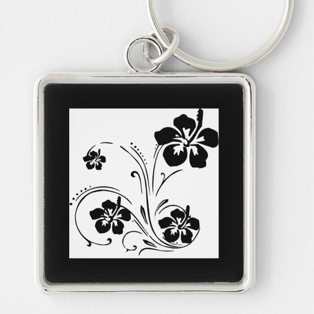 Black hibiscus floral swirl designs key ring (Front)