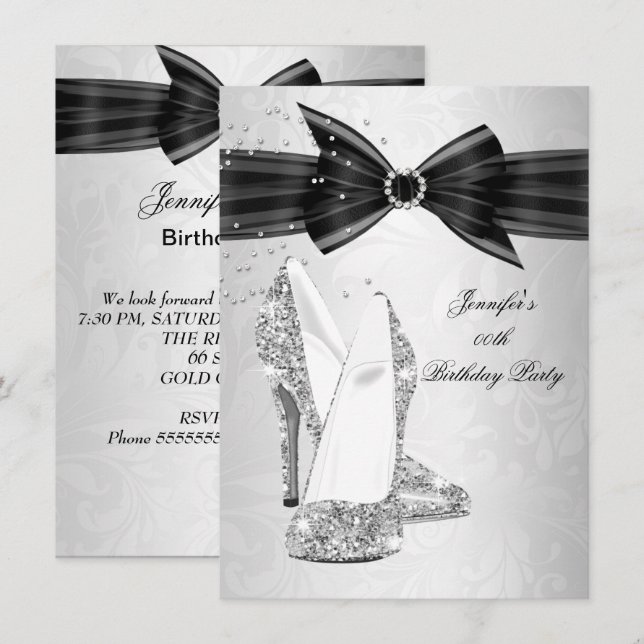 Black High Heel Shoe Silver Diamond Birthday Party Invitation (Front/Back)