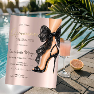 Black High Heells Bow Rose Gold Quinceañera Invitation
