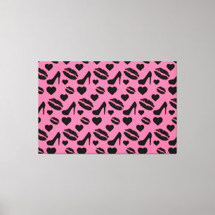 Black High Heels Kisses Lips Girly Makeup Hearts Canvas Print