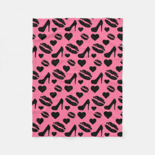 Black High Heels Kisses Lips Girly Makeup Hearts Fleece Blanket
