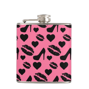 Black High Heels Kisses Lips Girly Makeup Hearts Hip Flask