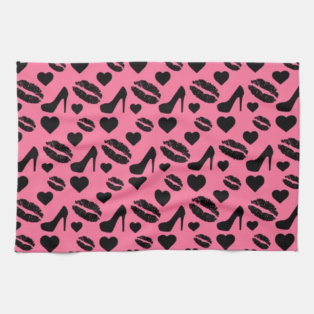 Black High Heels Kisses Lips Girly Makeup Hearts Tea Towel (Horizontal)