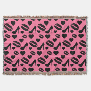 Black High Heels Kisses Lips Girly Makeup Hearts Throw Blanket