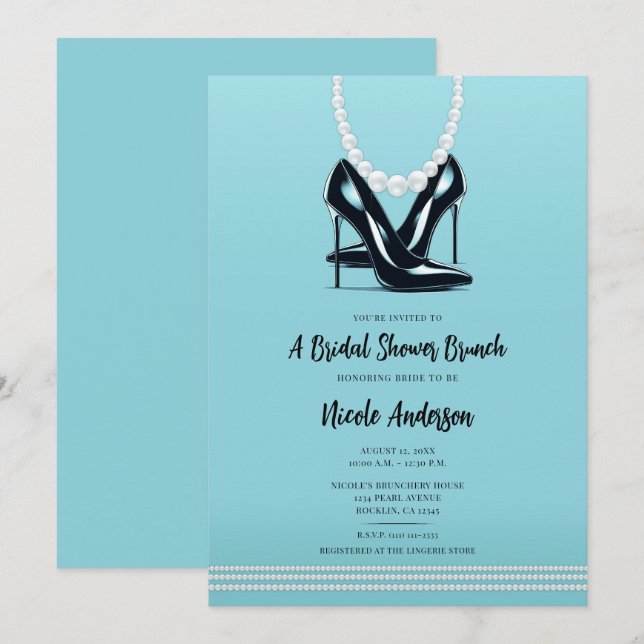 Black High Heels & Pearls Turquoise Bridal Brunch Invitation (Front/Back)