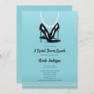 Black High Heels & Pearls Turquoise Bridal Brunch Invitation