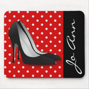 Black High Heels Red White Polka Dot Pattern Mouse Mat