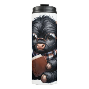 Black Highland Cow Reading A Book Thermal Tumbler