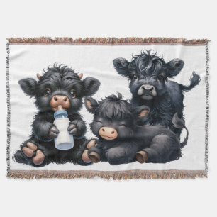 Black Highland Cow Reading A Book Throw Blanket