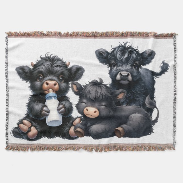 Black Highland Cow Reading A Book Throw Blanket (Front)
