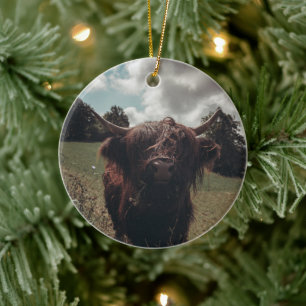Black highland Scottish cow grazing vintage retro Ceramic Tree Decoration