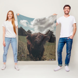 Black highland Scottish cow grazing vintage retro Fleece Blanket