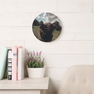 Black highland Scottish cow grazing vintage retro Large Clock