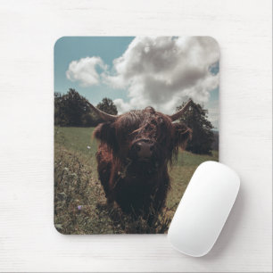 Black highland Scottish cow grazing vintage retro Mouse Mat